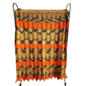 Vintage chevron orange green crocheted afghan throw blanket granny retro warm